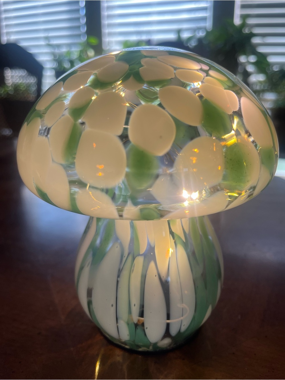 Art Glass Mushroom Sculpture in White and Green - Elegant Table Accent
